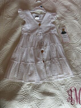 Rare Editions White Eyelet Tiered Dress with Wooden Buttons